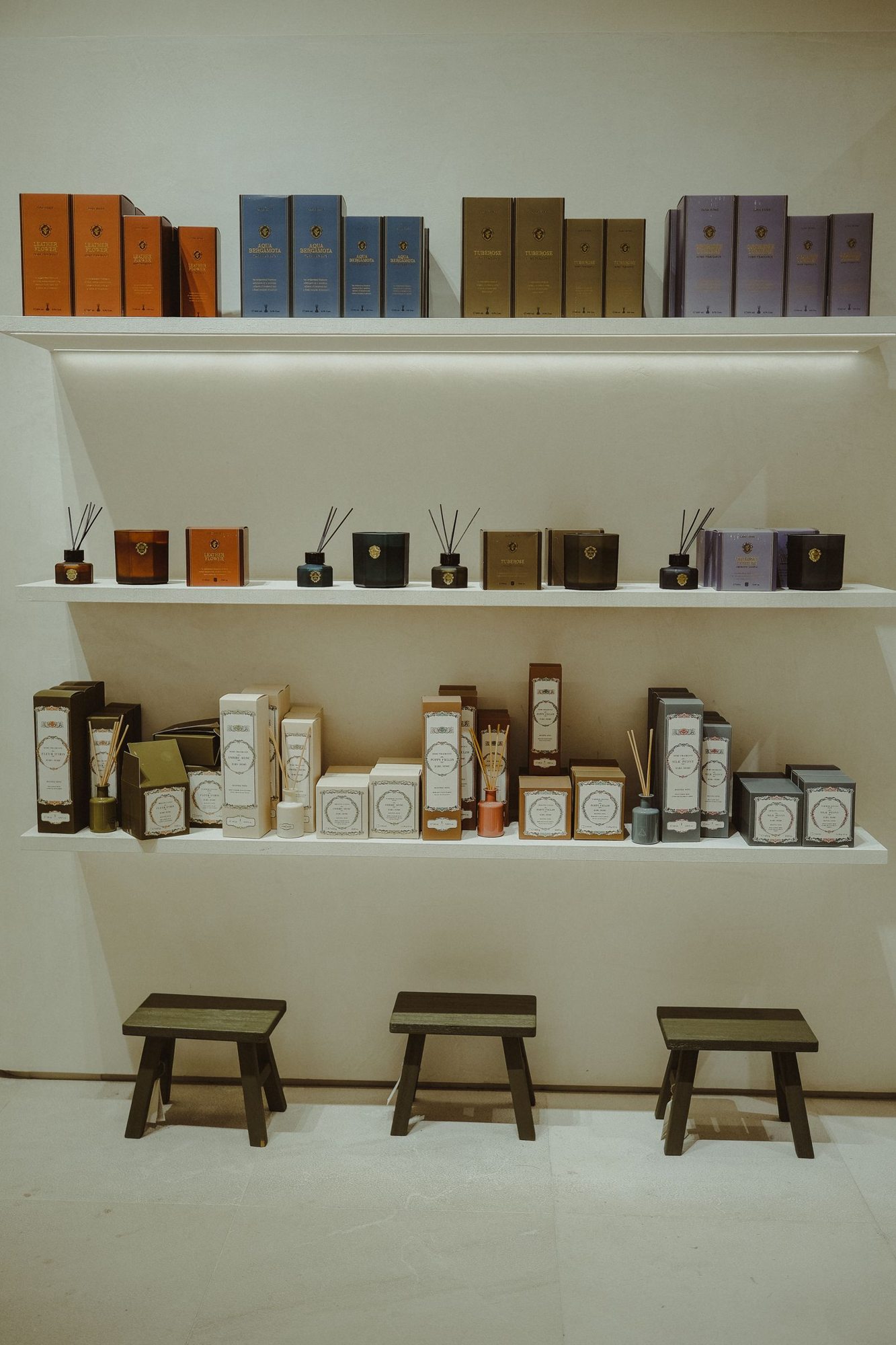 Products arranged on display shelves