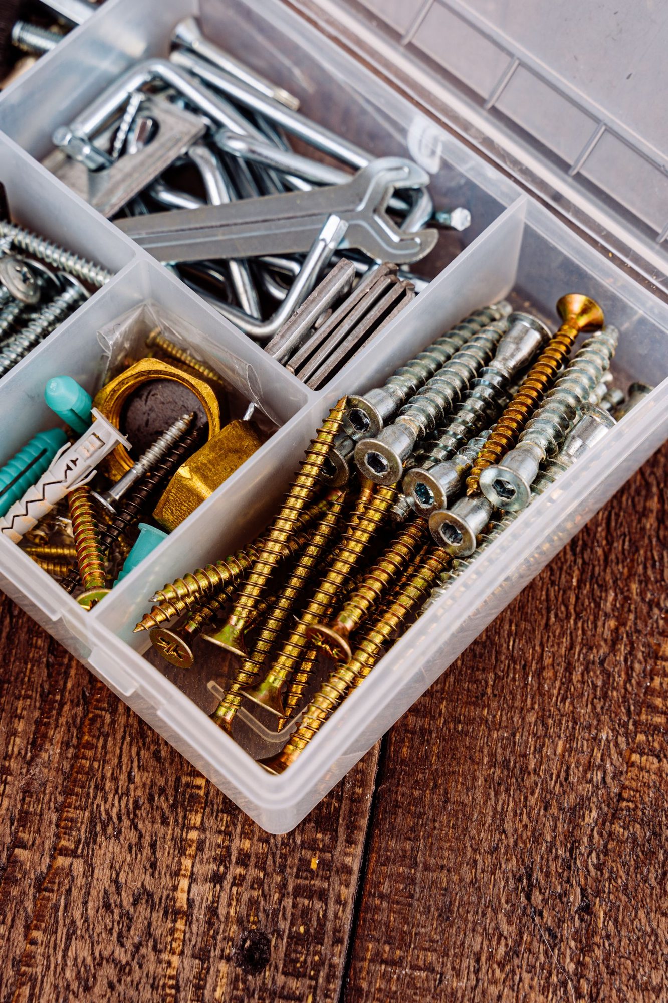 Tools and screws in an organizer box
