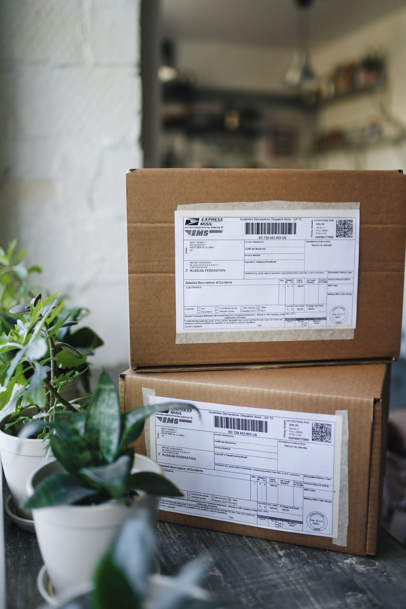 Shipping boxes with visible labels