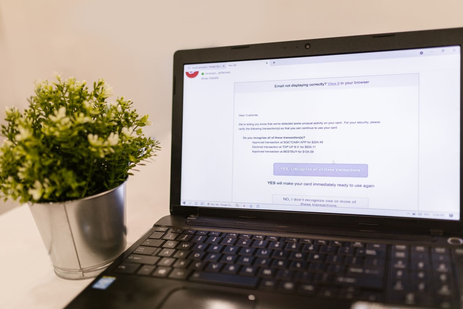 An email open on a laptop