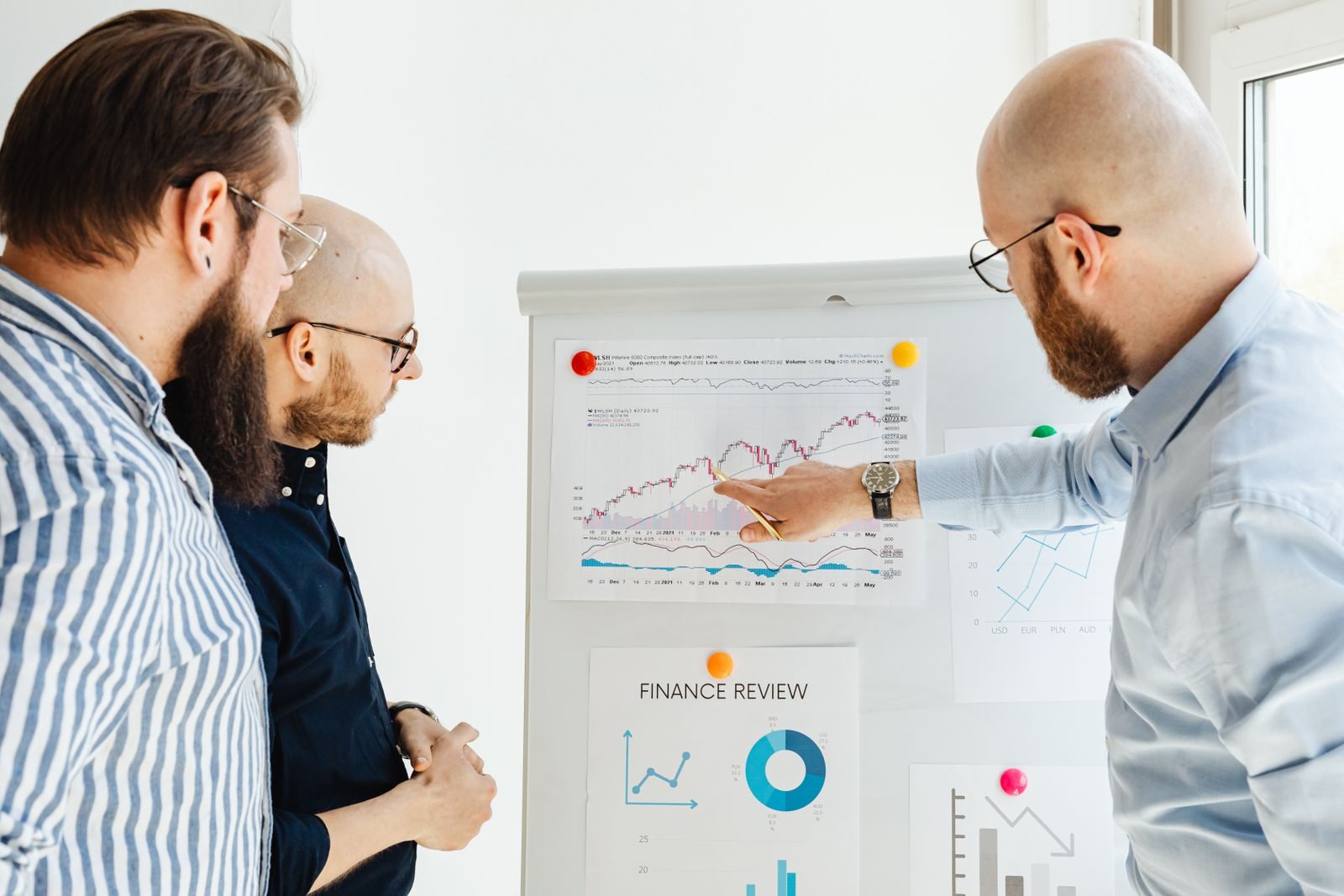 Team examining charts during a review