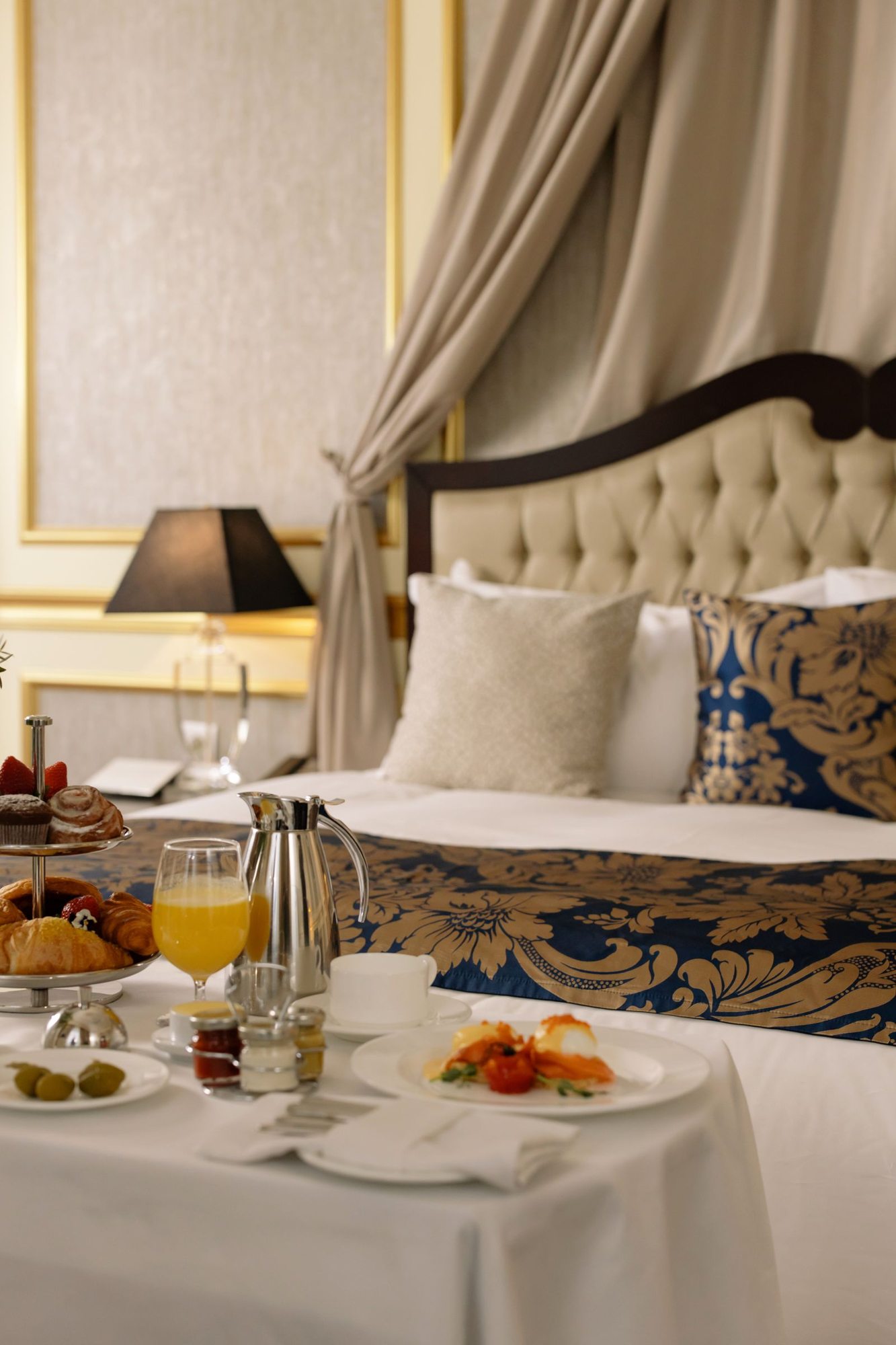 Breakfast served on a hotel room table