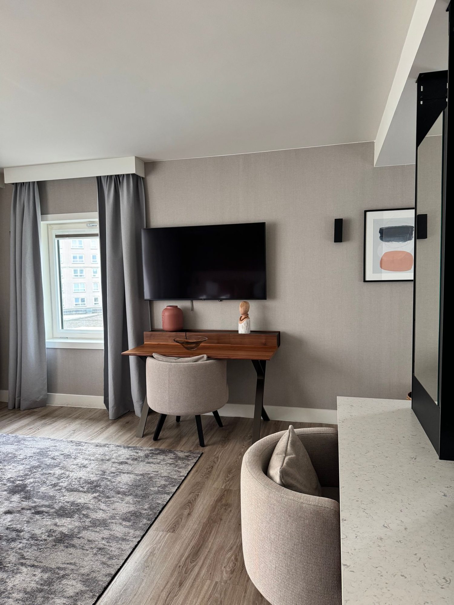 Desk and seating area in a hotel room
