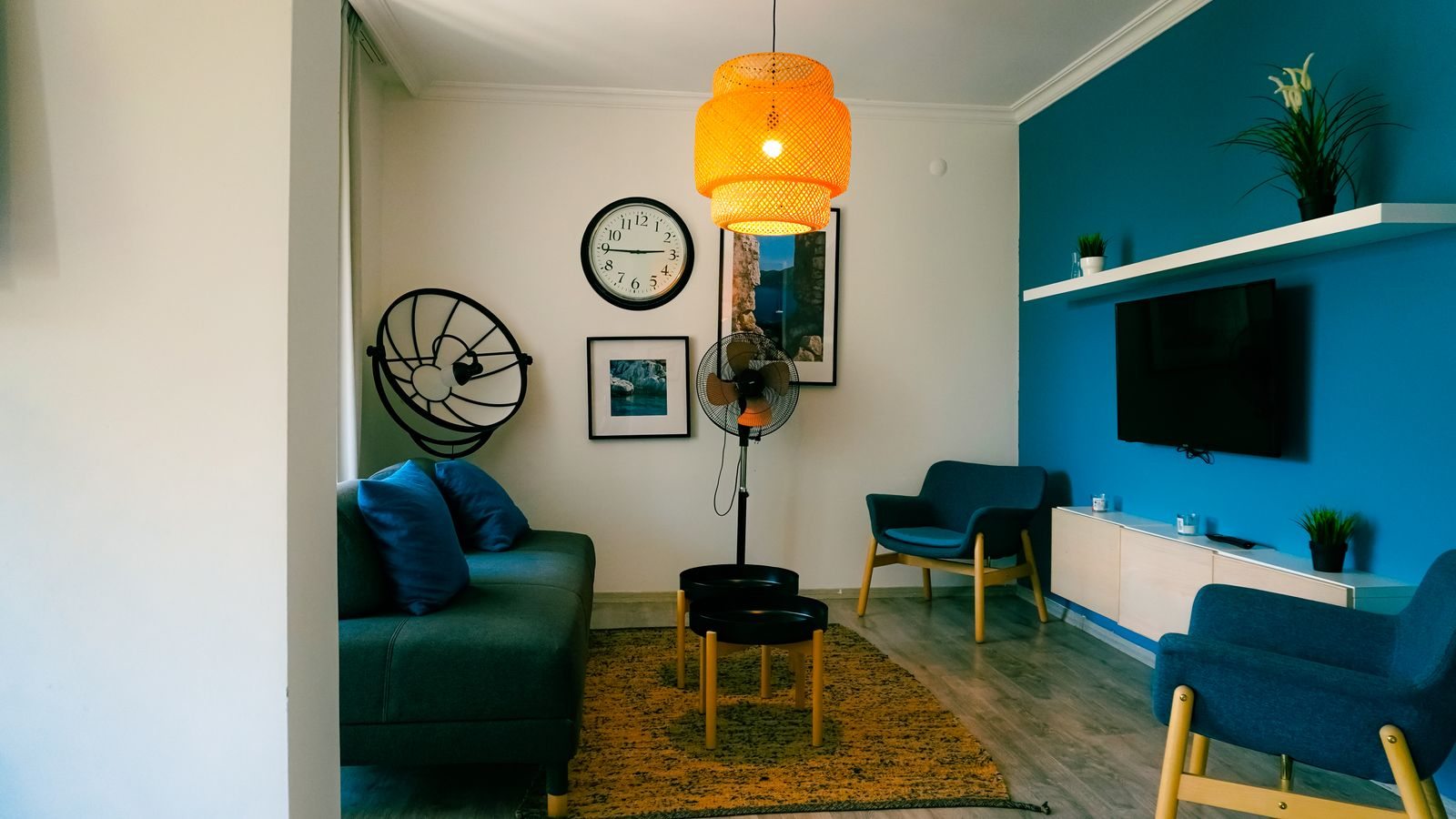 Apartment living area with a sofa and table
