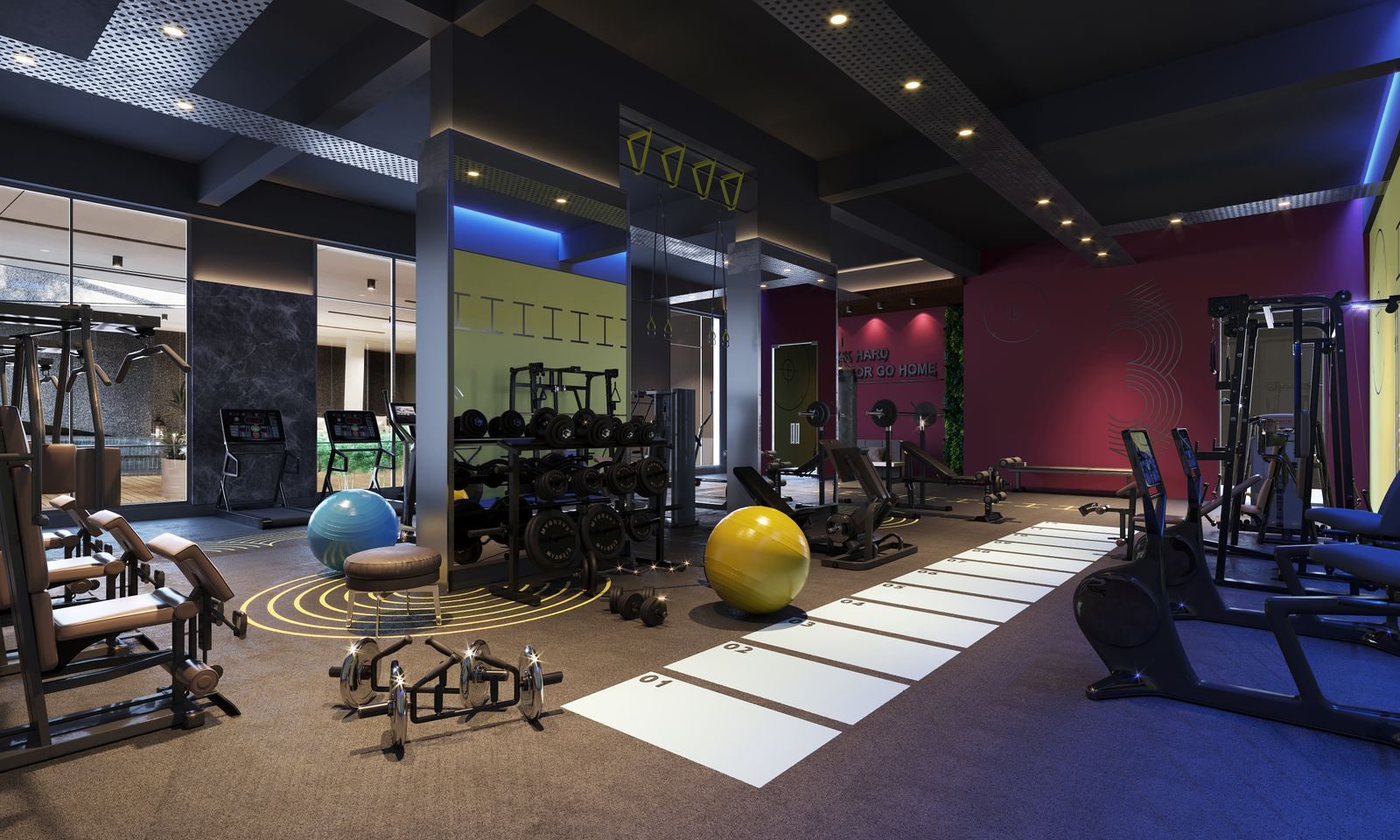 Fitness room with assorted exercise equipment