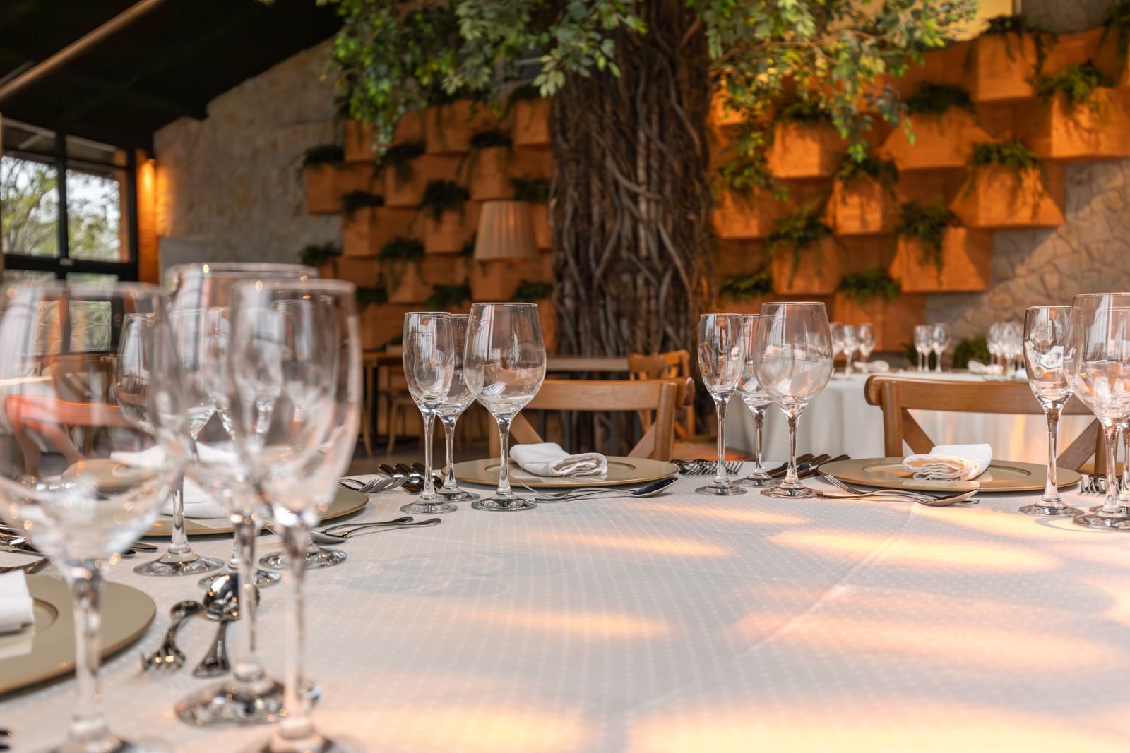 Restaurant table set with glasses