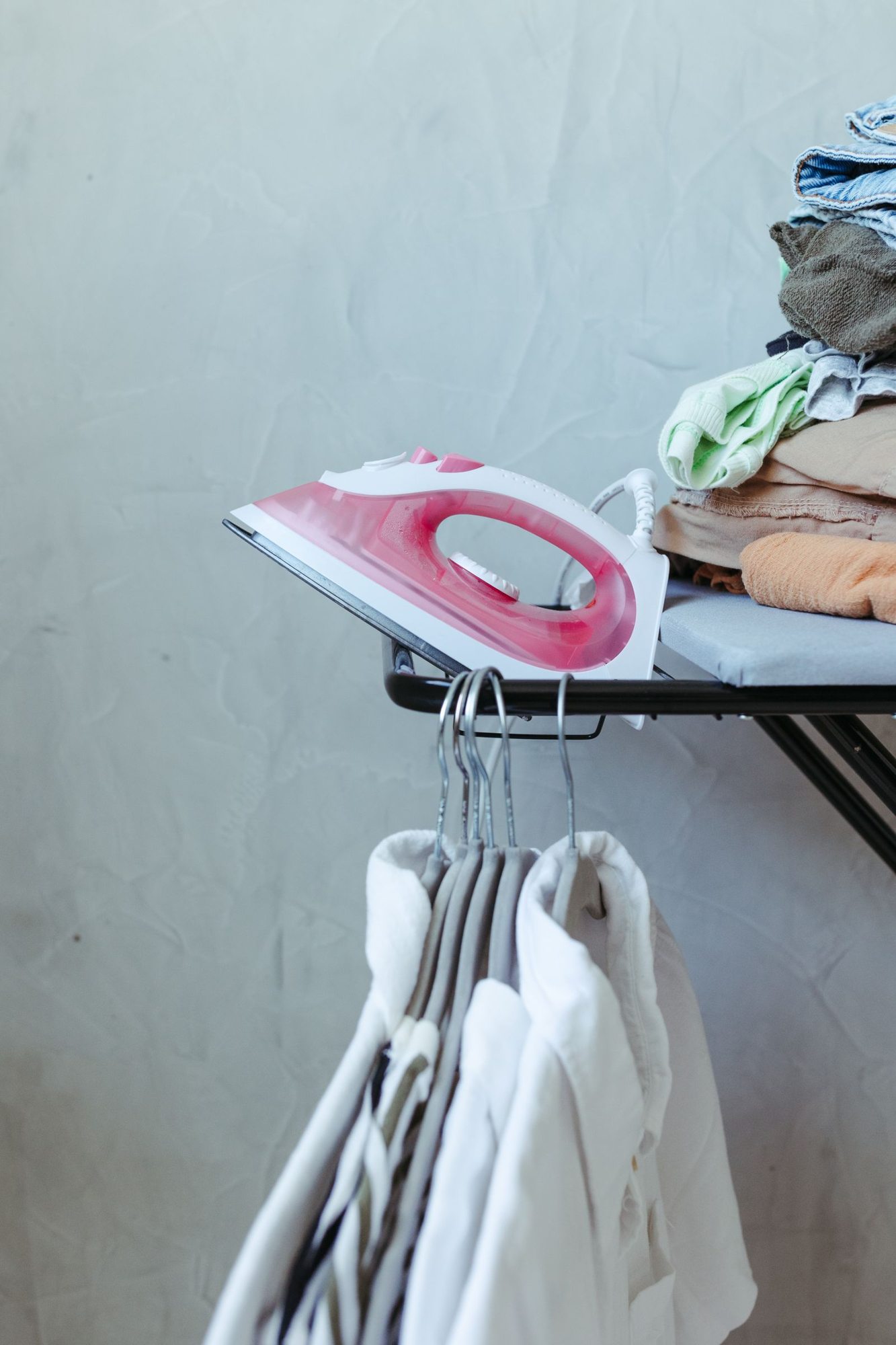Ironing board, iron and prepared clothing