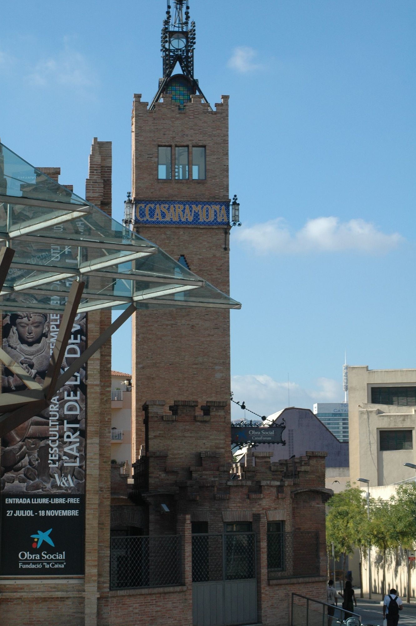 Historic brick tower in Barcelona's Eixample district