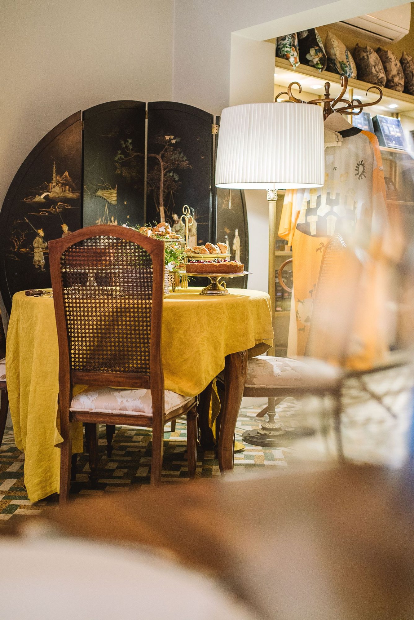 Small restaurant table in warm lighting